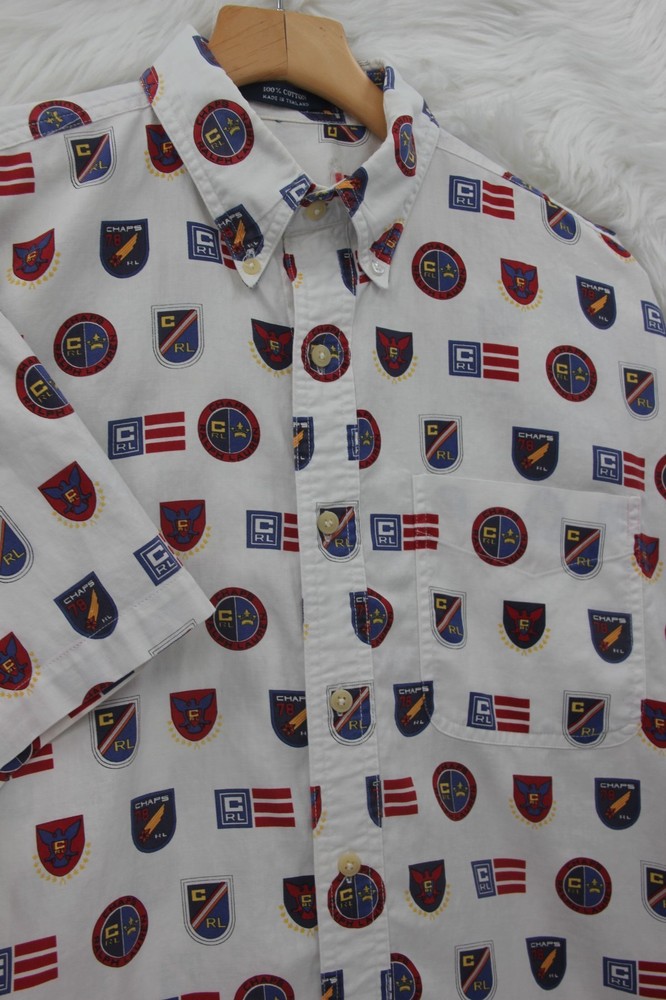 Vintage CHAPS Ralph Lauren Polo Shirt Men M/L All Over Crest Flag 90s Y2K Preppy