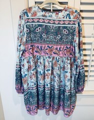 R.Vivimos Women Size XL Long Sleeve Green Pink Floral V Neck Boho Dress NWT