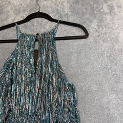 City Studio Fit & Flare Dress Womens XL Teal Black Metallic Ruffled Sash Halter