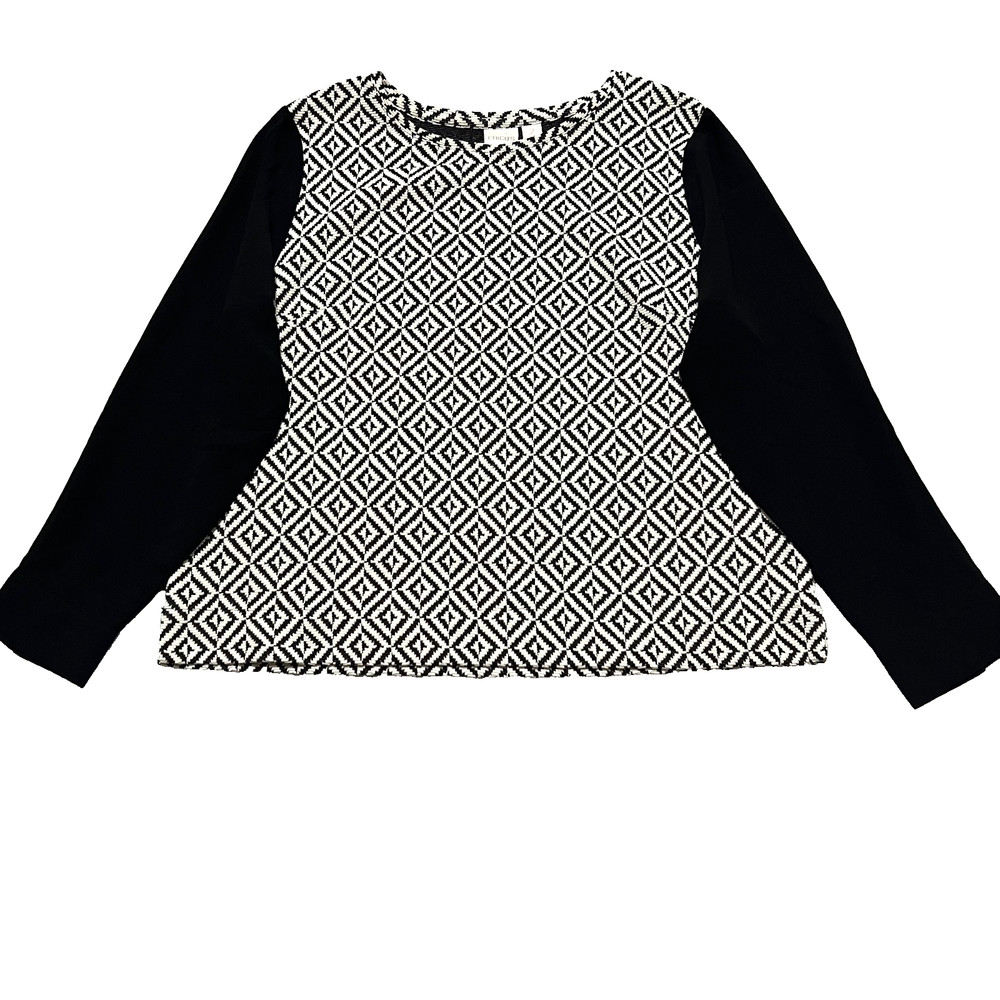 Chico’s Womens Textured Geometric Pullover Top Size 2 Large Black White Stretch