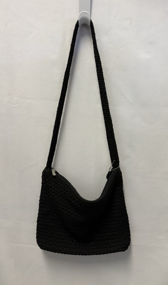 The Sak Black Crochet Knit Shoulder Bag Zip Top Boho Hobo Purse Medium