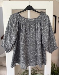 Next Morris &Co Navy Mallow Forest Print Half Sleeve Textured Top Blouse Size 18