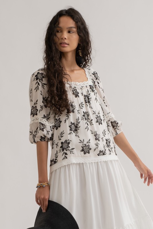 Blu Pepper Floral Print Square Neck Lace Detail Peasant Top