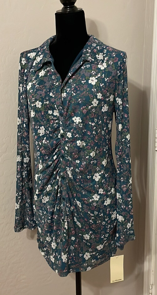 Floral Dress Lined Stretch Ruched 18” P2P 36-32-36 34” Length Jr XXL Orig $48