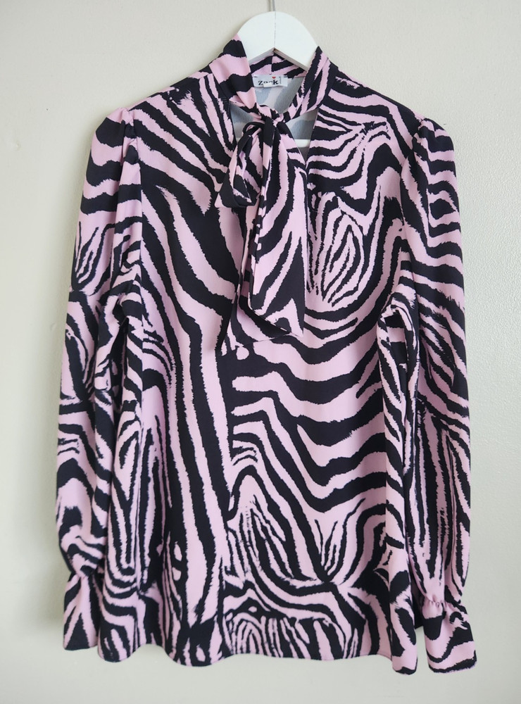 Womens John Zack London Pink Tie Choker Neck Zebra Animal Print Blouse Size 10
