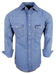 Denim Shirt Blue Wash Cotton Mens Western Snap Pocket Flaps Contrast Stitching