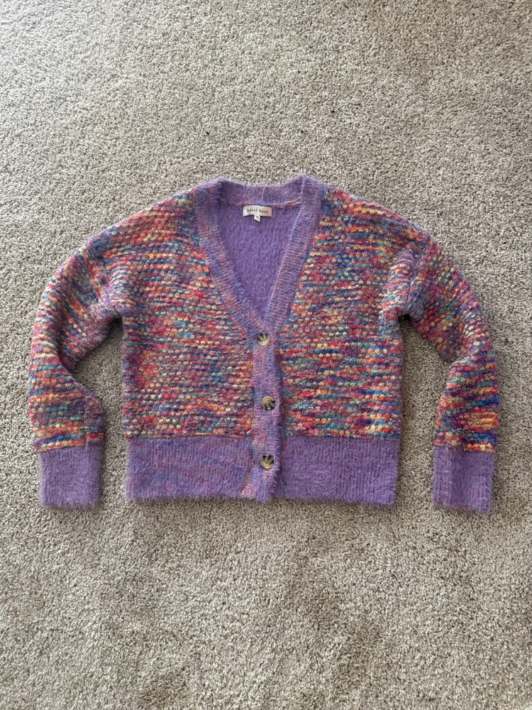 Hazel Moon M purple multicolored rainbow fuzzy button up cardigan sweater wmns