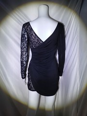 B.loom Black Beige Floral Lace Sheer Ruched V-Neck Long Sleeve Mini Dress S
