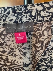 Vince Camuto Womens L Floral Blouse Navy White RuffleSleeve Split Neck Sheer Top