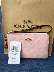 NWT COACH CEF72 Corner Zip Wristlet Signature Canvas with Charm Gold Powder Pink