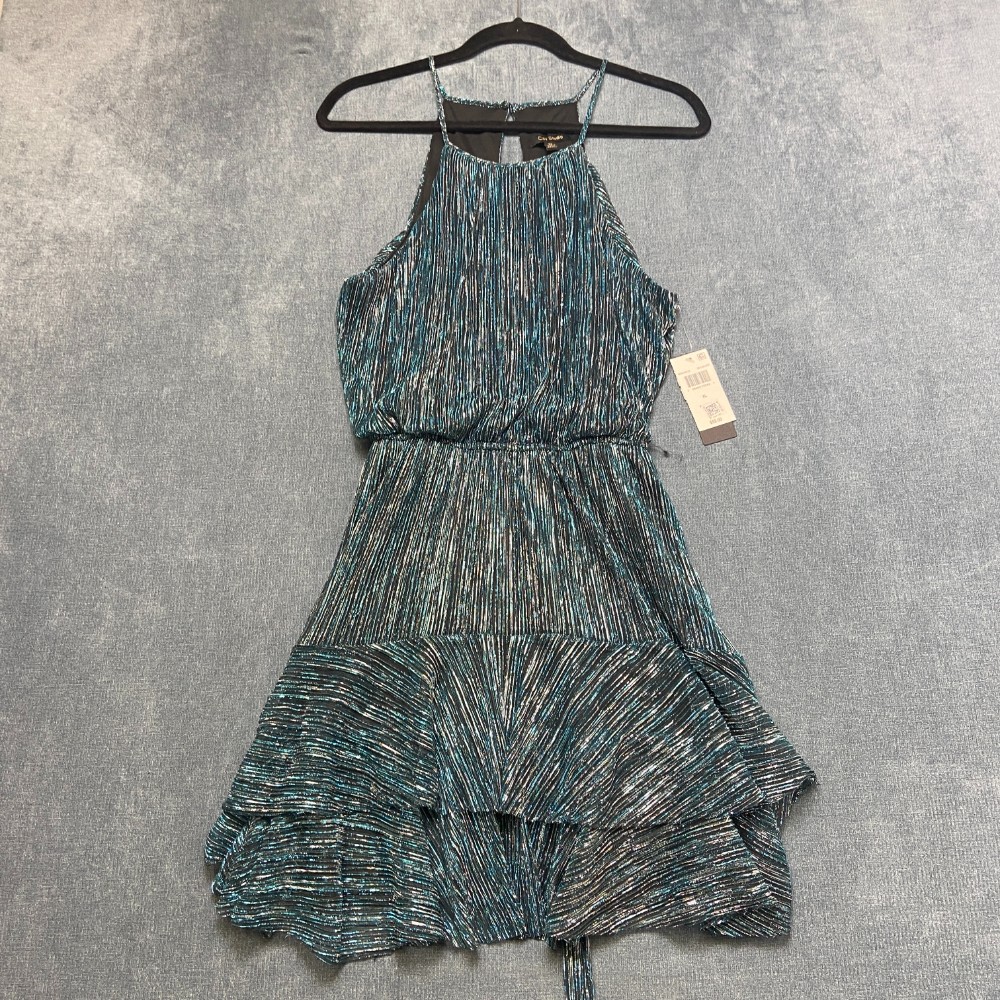 City Studio Fit & Flare Dress Womens XL Teal Black Metallic Ruffled Sash Halter