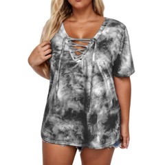 Plus Size Womens V Neck Tie Dye Tees Summer Tops Casual Lace Up Front T Shirts