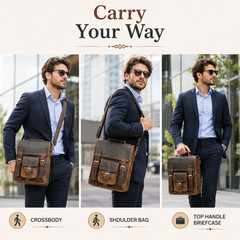 11″ Buffalo Leather Sling Bag Mens Dark Brown For iPad, Tablet Crossbody Strap