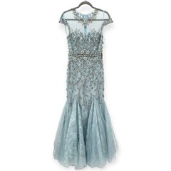Elegant Blue Lace Ball Dress with Illusion Collar Crystal Decal Evening Gown