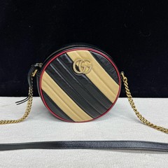 Gucci Gg Marmont Round Mini Bag Black Beige Red Calfskin (zs052026a6r)