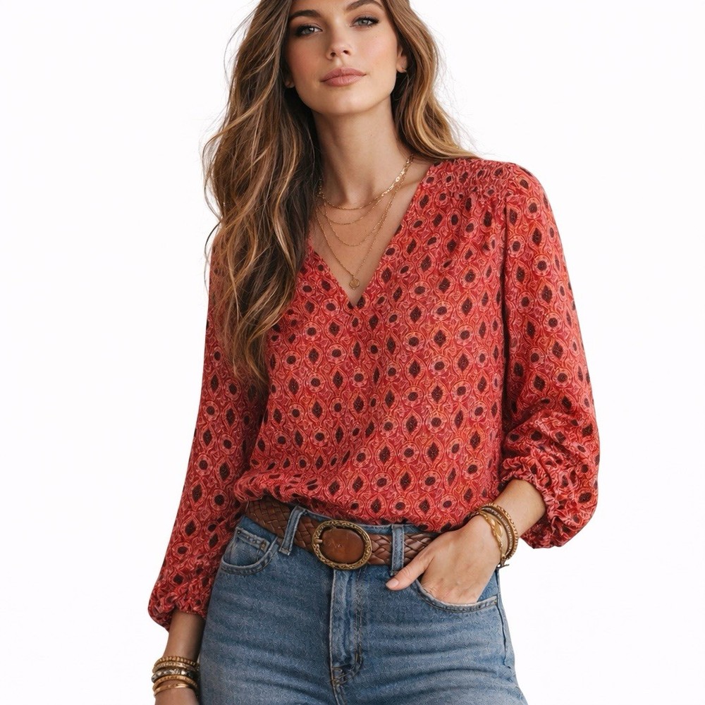 Hinge Womens Orange Peasant Boho Blouse Top Size Small Smocked Back