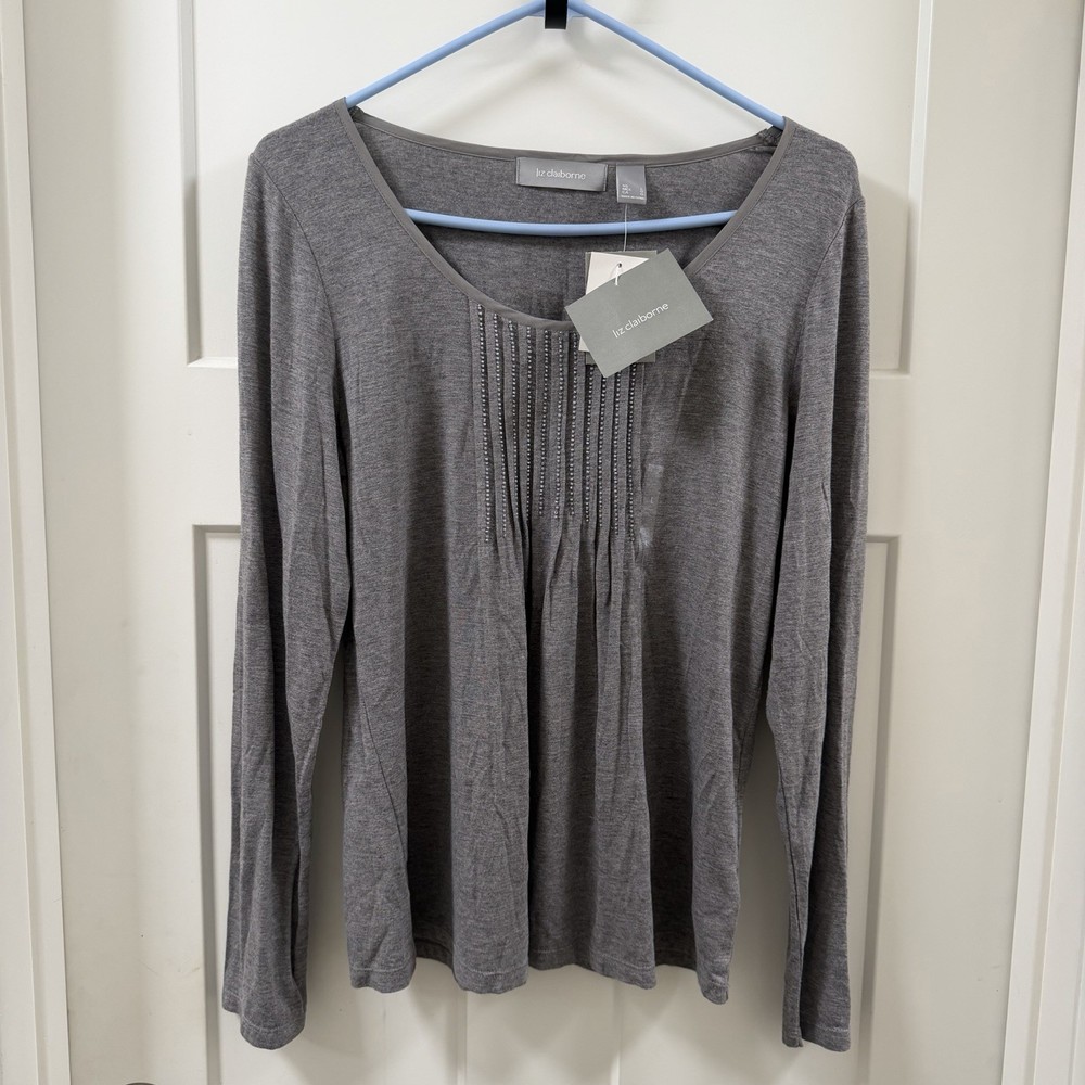 Liz Claiborne Light Grey Long Sleeved Central Pleated Rhinestone Panel Shirt L
