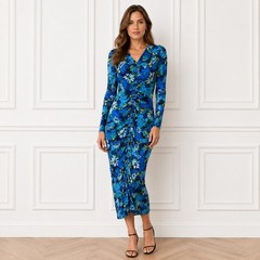 Whistles Blue Floral Ruched Midi Dress UK 10 Bodycon Stretch Long Sleeve