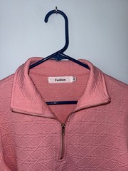 Fashion Pink Geometric Jacquard Collared Half Zip Shift Puff Sleeve Dress M