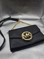 Michael Kors Fulton Leather Crossbody Wallet Bag – Black & Gold