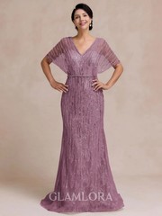 Sheath/Column V-neck Short Sleeves Sweep Train Mother of the Bride Dress. Sz 14