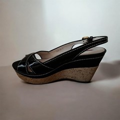PRADA Black Patent Leather Slingback Wedge Sandals Cork Heel Size EU 39