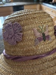 VTG 70s Embroidered Floral Straw Hat OS. Made With Dents On Trim For Decoration