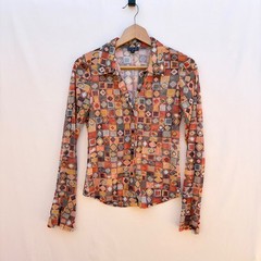 Heart Moon Star Blouse Womens S Orange Y2k Geometric Mesh Button Up