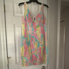 Lilly Pulitzer Floral Sheath Dress Sleeveless Lace Trim Knee Length Size 4