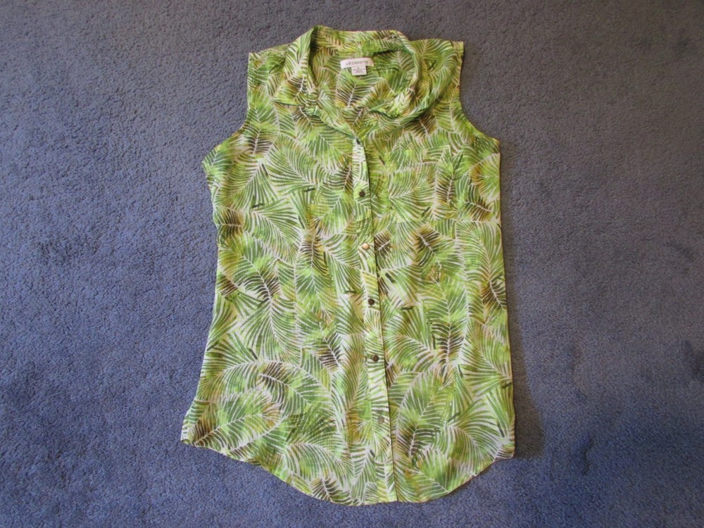 NWOT Liz Claiborne Large Green Leaf Pattern Chiffon Button Shirt Sleeveless Pkt