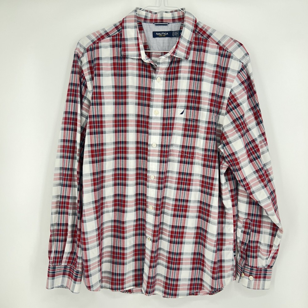 Nautica Men’s button-down plaid shirt red white and blue Size XL 2-62