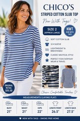 Chico’s Blue White Striped Cotton Slub Top 3/4 Sleeve NWT Size 2 Large