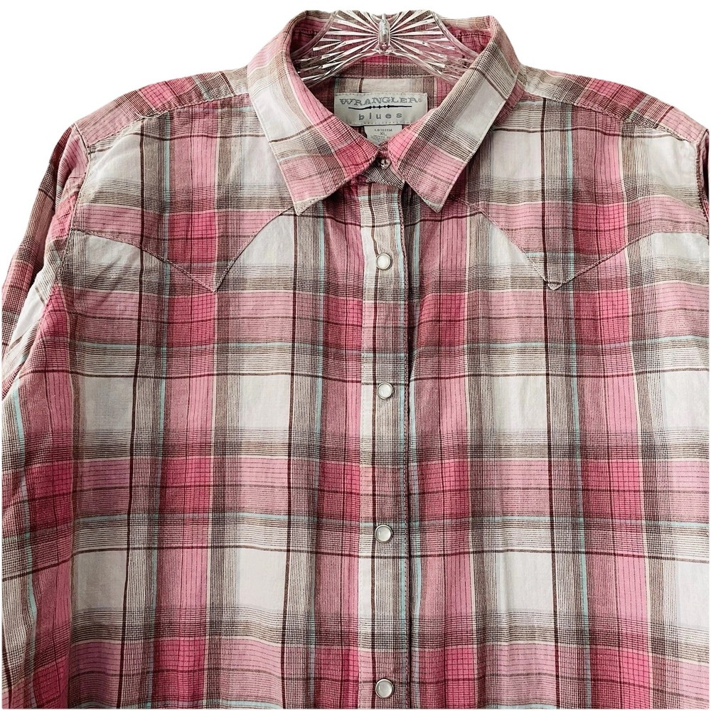 Wrangler Blues Women Size XL Pink Plaid Pearl Snap Long Sleeve Western Shirt Top