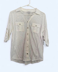 Liz Claiborne White Solid Knit Button-Up Collared 3/4 Sleeve Pockets PM