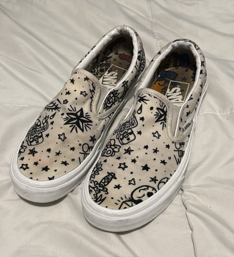 VANS Classic Slip-On Men’s Low Top Slip-On Sneakers Tattoo Print Canvas