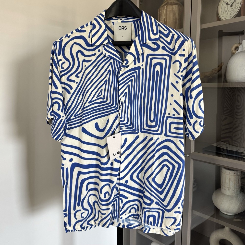 OAS Eldovado Viscose Short Sleeve Blue Print Ivory Button Up Camp Shirt L NEW