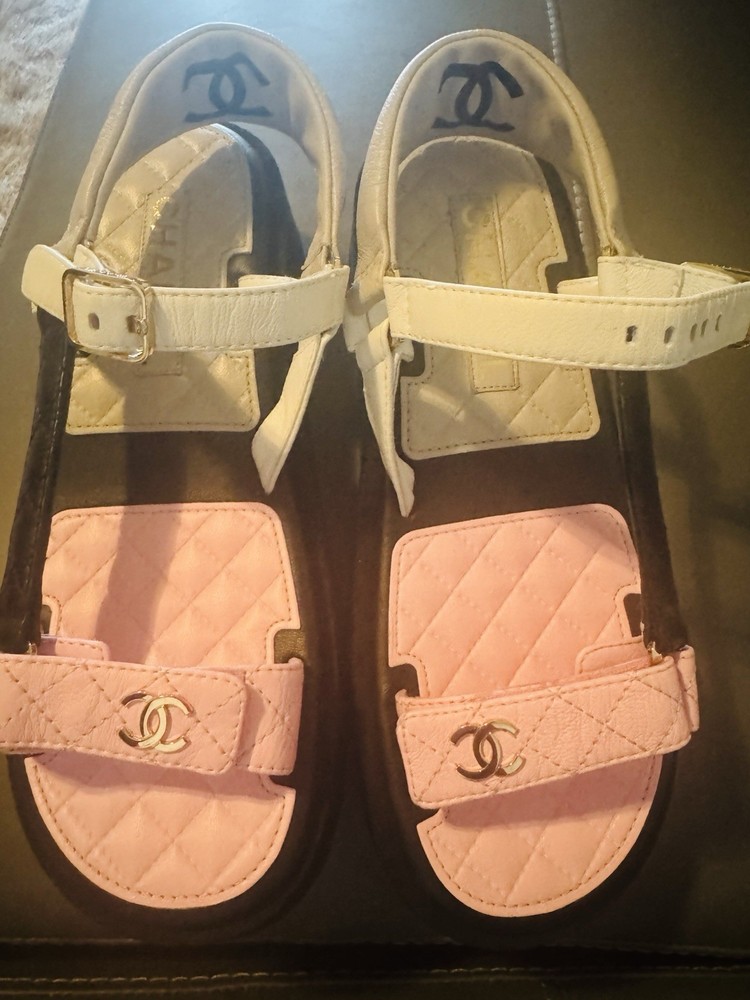Authentic Chanel CC Sandals White Quilted Leather Hook & Loop Size 39