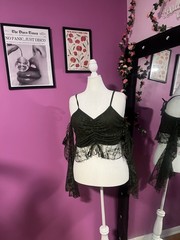 ROMWE Green Floral Lace Square Neck Spaghetti Strap Bell Sleeve Crop Top 1XL