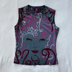 Miss Sixty Graphic Tank Top Y2K Teal Blue Pink Face Print Velvet Devore Small