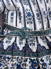 Farm Rio XS White Blue Green Floral Mini Dress Square Neck Puff Sleeve Belt