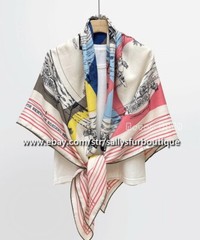 80% Cashmere 20% Silk Wrap Scarf Carriage Vintage Print Square Shawl 53″