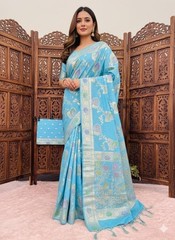 Women’s Saree Blue Banarasi Dola Silk Zari Work With Blouse Piece