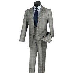 VINCI Men’s Gray Sharkskin Glen Plaid 3 Piece Suit, Reg Fit – NEW