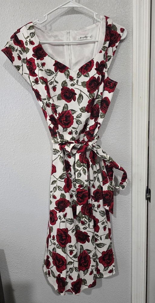 Kingfancy Women’s XL White/Red Floral Rose V-Neck Fit & Flare Knee Zip Bow