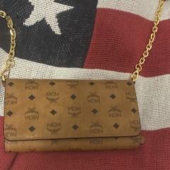 MCM Women’s Brown Monogram Wallet on Chain Crossbody Detachable Strap Gold