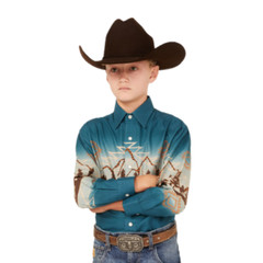 Panhandle Youth Boy’s Aztec Mountain Border Blue Snap Shirt SBN2S02455