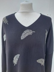 Frank Usher Jumper V Neck Stud Leaf Design Long Sleeves Black bxv Size L/XL