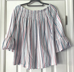 WOMENS BEACH LUNCH LOUNGE COTTON GAUZE STRIPED TOP OFF SHOULDER BELL SLEEVE MED