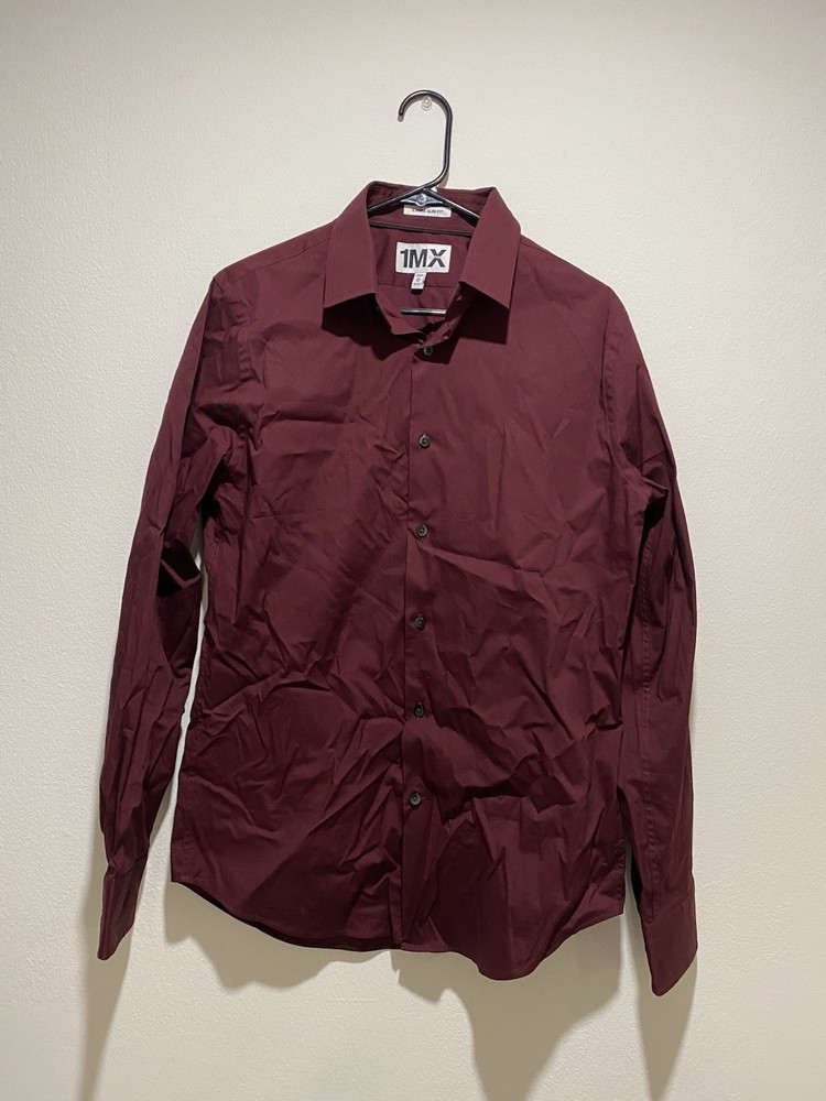 Express 1MX Extra-Slim Fit Burgundy Solid Long Sleeve Point Collar Dress Shirt M
