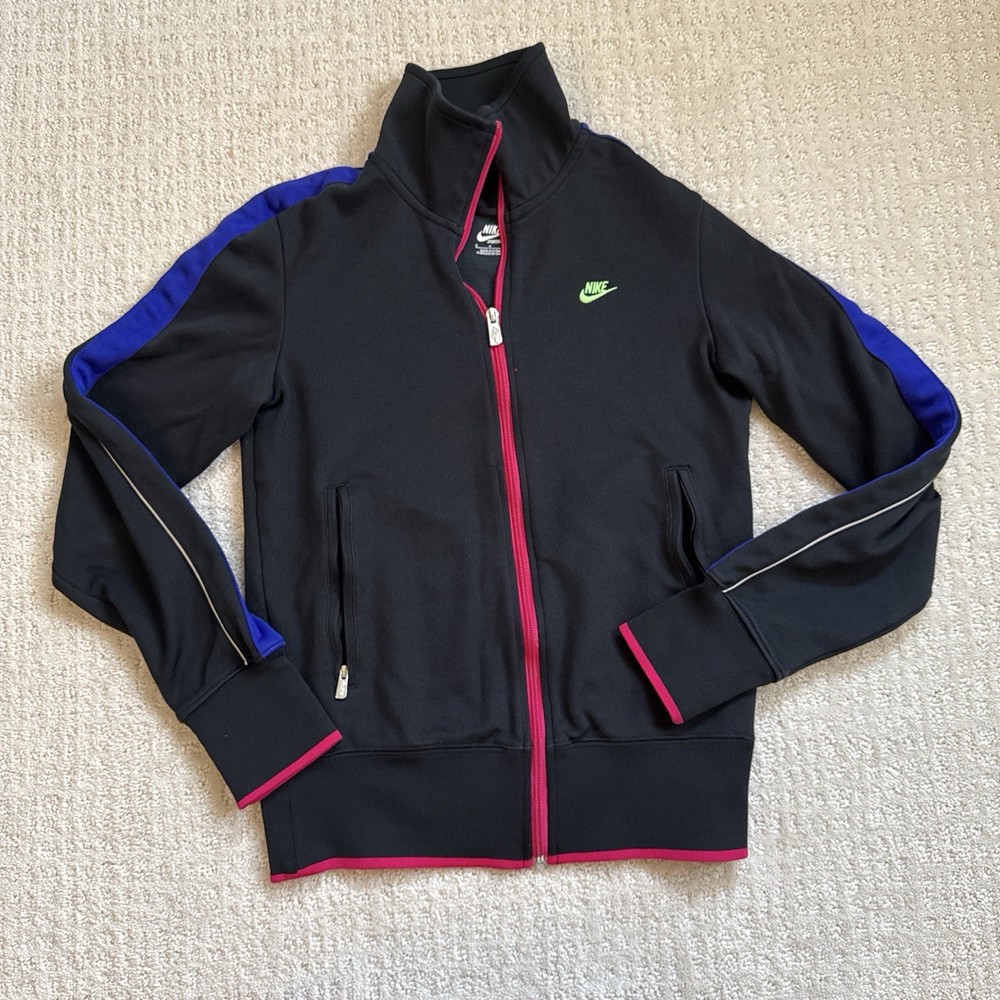 Nike Sportswear Zip Up Jacket Black Neon Nike Swosh Zip Pocket Blue Accent Womns